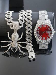 1 Conjunto Novo Produto Hip Hop Pingente Personalizado de Buldogue Colar Corrente Cubana de Diamante Pulseira Relógio Vermelho Masculino Conjunto Acessórios Masculinos Personalizados e Modernos - Vermelho - Visão 9