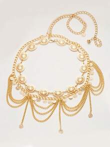 2件套复古时尚百搭个性化设计波西米亚风格雏菊花瓣花朵图案多层硬币腰链，性感阿拉伯风格流苏腰链，适合女性日常装饰、服装搭配、海滩、度假、旅行、派对装扮、万圣节、校园秋季等场合。 - 金色 - 查看 3