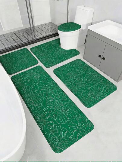 3/5-teiliges Set Grünpflanze Umriss Badezimmermatte, tropisches Monstera Blatt Muster, weich, saugfähig, rutschfest, langanhaltend - beinhaltet Toilettendeckel, U-förmige Toilettenmatte, Badezimmertürvorleger, Waschtischmatte, Badewannenmatte - Flanell + Memory-Schaum + Polyesterstoff - waschbar, schimmelresistent - geeignet für Frühling, Badezimmer, Wohnzimmer, Schlafzimmer, Küche, Waschraum - schnell trocknender Bodenbelag, Einschulung Grundbedarf, Einweihungsgeschenk, Geburtstaggeschenk, Muttertagsgeschenk