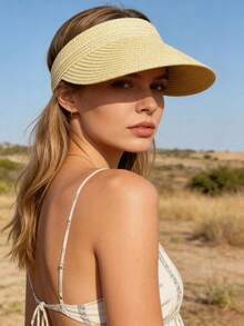 1pc Solid Color Straw Visor Hat, Windproof, UV Protection, 3D Design, Foldable, Fashion Versatile, Elegant Style, Soft & Comfortable, Suitable For Beach, Outdoor, Travel, Hiking, Cycling, And Various Occasions,Summer - Open Top - View 7