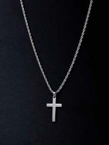 1pc New Arrival Stylish Stainless Steel & Titanium Steel Men's Cross Pendant Necklace, Braided Chain, Suitable For Daily Wear And As A Gift - 黑色 - 查看 10