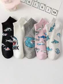 5 pares de calcetines con diseño de tiburón, calcetines de tobillo estilo coreano lindos, calcetines casuales para parejas - Multicolor - Ver 1