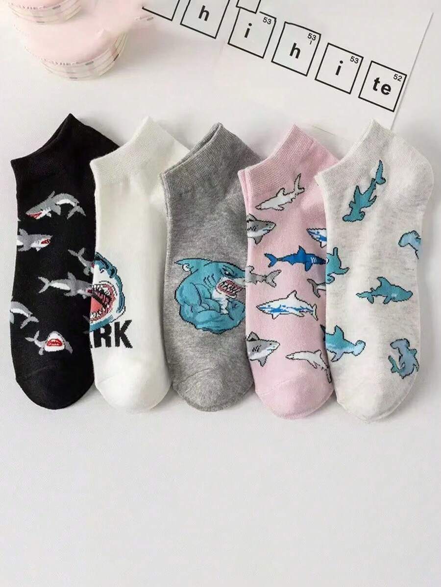 5 pares de calcetines con diseño de tiburón, calcetines de tobillo estilo coreano lindos, calcetines casuales para parejas - Multicolor - Ver 1