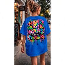 Stylish Oversized Boxy T-Shirt For Women, Graffiti, 100% Cotton, Casual Streetwear - Royal Blue - View 1