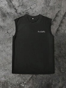 Lonblece Summer Sleeveless Tank Top Men, Brand Faux Embroidery Pattern Printed Black Casual Sports T-Shirt, Suitable For Outdoor Wear - Black - View 2