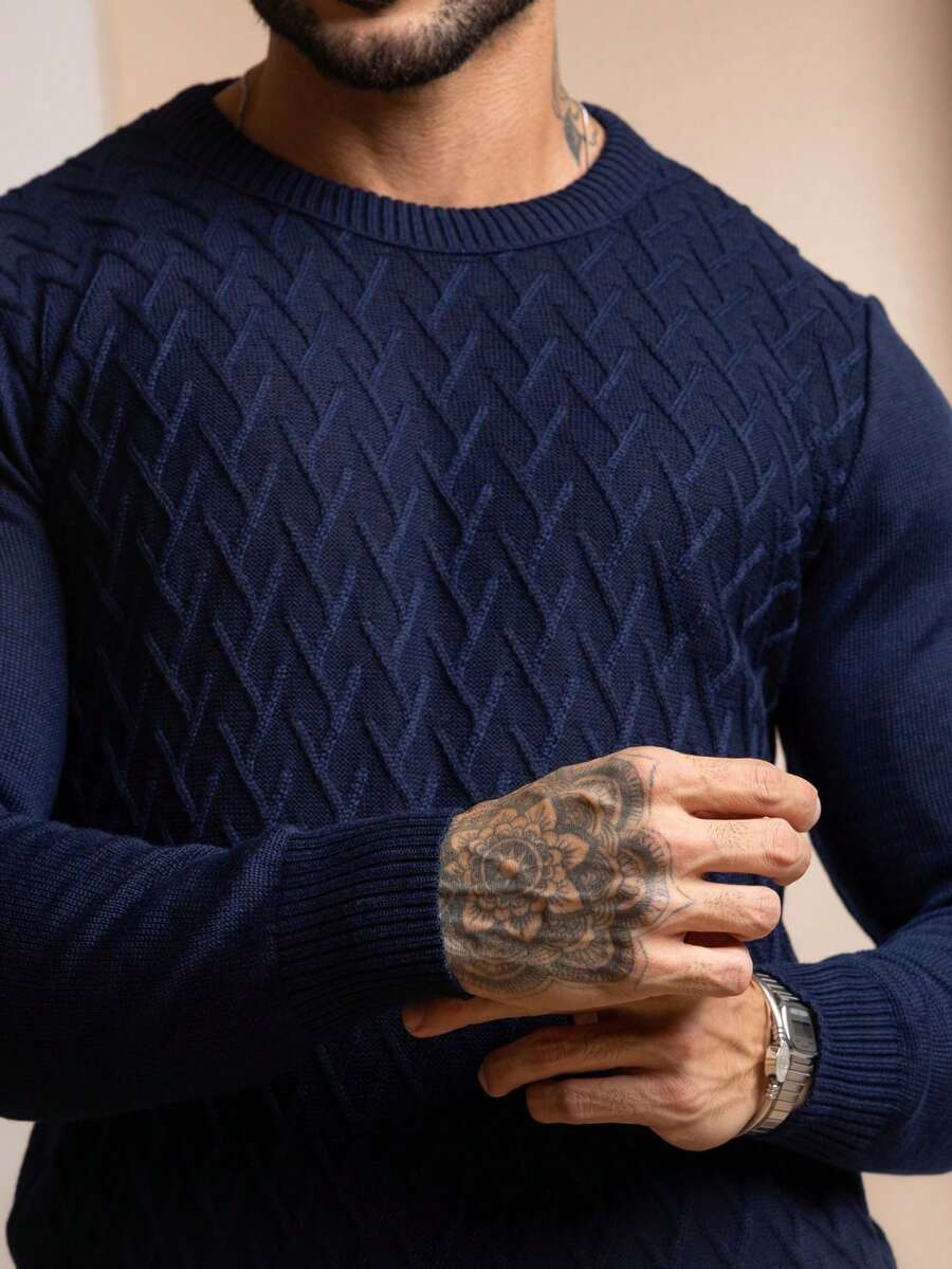 TRICOT DE LUXO Suéter Masculino tricot trama em relevo gola careca inverno 26
