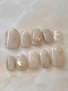 10 Pcs Handmade Press-On Nails, Short Oval, Multi-Color Optional, Y2K French Style, Elegant Ice Crystal Translucent Simple Cat Eye Hand-Painted Flower Design, Suitable For Women And Girls, Autumn And Winter Festive Parties And Daily Wear. - Multicolor - View 9