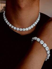 2pcs/Set HIP HOP Men's Chain Shape Inlaid Rhinestone Bracelet Necklace Miami Daily Necklace Party Accessories Perfect Jewelry - Silver - View 3