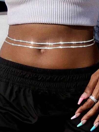 1件水钻腰链，性感身体链，适合夏季、比基尼和肚皮舞搭配