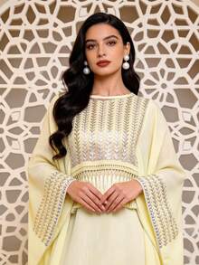 Bộ trang phục Ramadan truyền thống thanh lịch kiểu mới năm 2026, áo Jalabia thêu hạt cườm bạc, thắt lưng tua rua, tay áo xẻ tà, cổ tròn không tay, trang phục Ramadan sang trọng. - Màu vàng - Xem 5