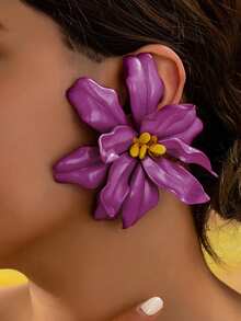 1 Pair Exaggerated Acrylic Flower & Bead Earrings, Fashion Unique Personalized Earrings For Women, Retro Elegant Vacation Style - Purple - View 3