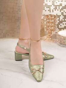 优雅女士包头凉鞋，中跟尖头金属扣，百搭通勤鞋，休闲日常穿着 - 綠色 - 查看 5