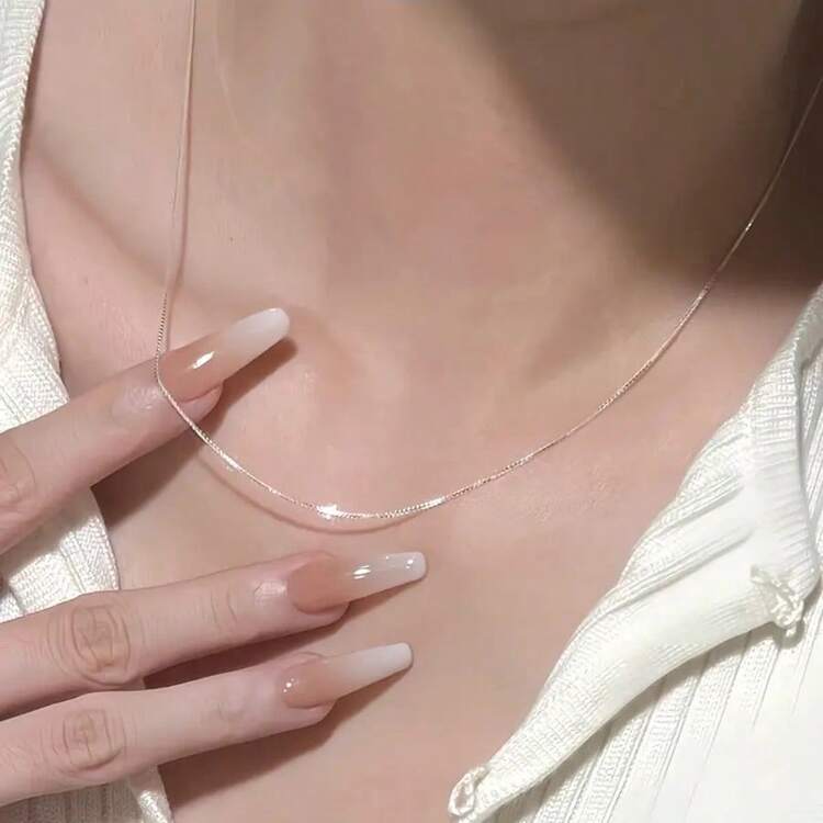 925纯银项链，男女皆宜的极简蛇骨链项链，男女皆宜的锁骨链 - 白色 - 查看 6