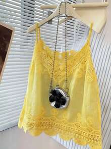 Camiseta de verano de mujer con diseño vintage, casual y holgada, de unicolor, con bordados y encaje calado - Amarillo - Ver 4