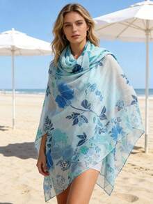 1条新款蓝色印花丝巾，轻盈透气，优雅时尚，女士防晒沙滩旅行围巾，巴厘岛雪纺休闲薄款女士围巾披肩 - 彩色 - 查看 2