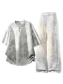 男士休闲纽扣短袖T恤和抽绳长裤套装 - 淺灰色 - 查看 2