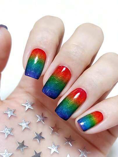 24pcs Short Square Colorful Gradient Pattern Nail Stickers, Blue Rainbow Personalized Detachable Nail Art Decals, Convenient For Daily, Party, Travel