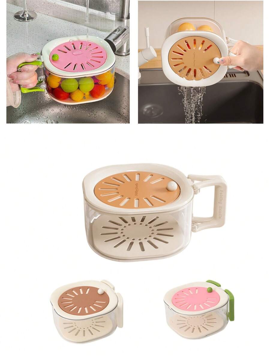 家用沥水篮，可爱双层加厚沥水水果篮，带盖蔬菜篮