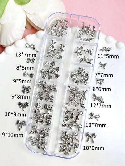 1盒Y2K银合金蝴蝶结美甲饰品 3D蝴蝶水钻平钻美甲杯装饰及DIY工艺品用品
