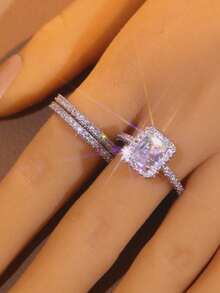3 pièces Ensemble de bagues carrées en zircone cubique élégantes et glamour pour femmes, convient pour la décoration quotidienne, cadeau parfait pour elle pour la remise des diplômes/la rentrée, la Saint-Valentin, la Fête des Mères - Argent - Voir 7