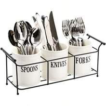 Bekith - Cubertero de cerámica blanca de 3 piezas con estante de metal negro contenedores organizadores para utensilios de cocina clóset o despensa - Blanco - Ver 7
