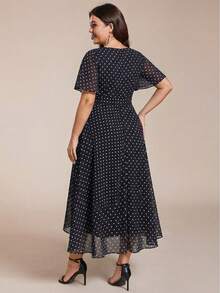 EVERPRETTY Plus Size Elegant Chiffon V-Neck Ruched Polka Dot Bridesmaid Dress, Soft High-Low Ruffle Hem Polka Dot Wedding Guest Evening Gown - Black and White - View 4