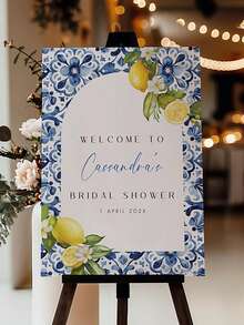 Mediterranean Lemon Theme Wedding Party Welcome Sign - Amalfi Coast Blue Tiles And Positano Style, Tuscan Italian Seaside Arch Design - Multicolor 06 - View 8