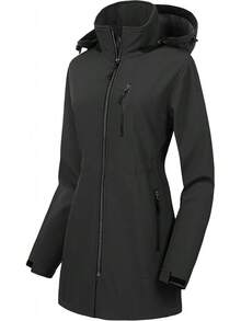 Women's Waterproof Long Trench Coat Fleece Lined Softshell Jacket Lightweight Hooded Raincoat Warm Windbreaker For Outdoor Running Hiking - 灰色 - 查看 1