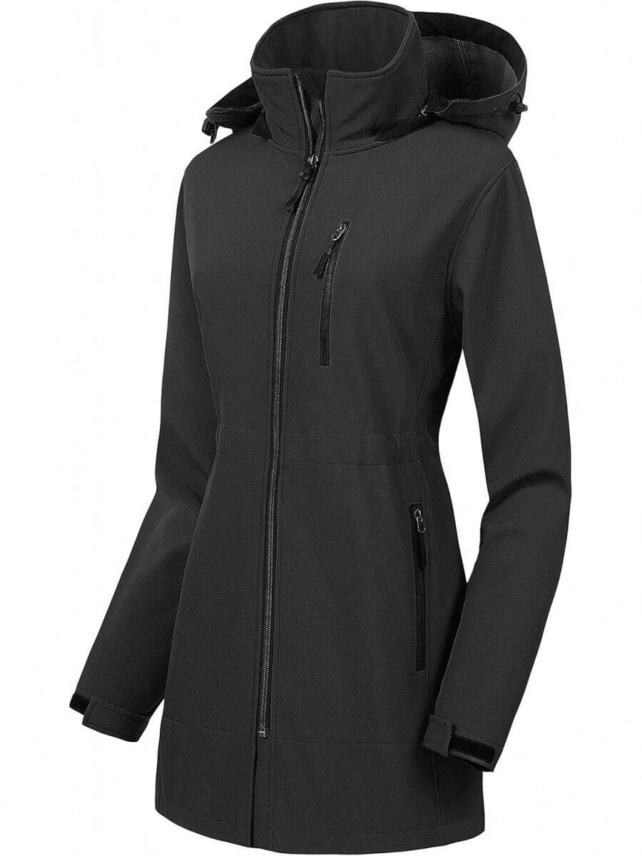 Women's Waterproof Long Trench Coat Fleece Lined Softshell Jacket Lightweight Hooded Raincoat Warm Windbreaker For Outdoor Running Hiking - 灰色 - 查看 1