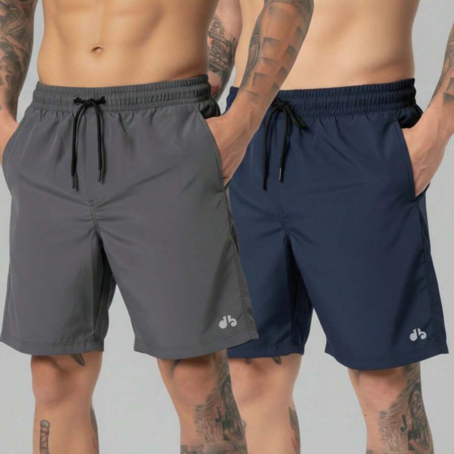 Kit Of 2 Men's Lightweight Tactel Shorts, Quick-Drying, Comfortable For Training And Everyday Wear - AZUL MARINO/PLOMO - Ver 1