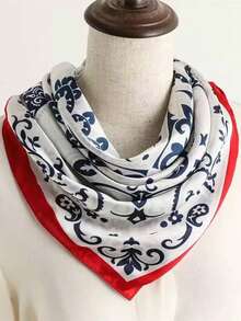 1pc 70*70cm Square Silk Scarf, Women's Satin Printed Headscarf, Neckerchief, Headband, Fashion Ladies Shawl, Scarf - Red Edge Blue and White - View 1