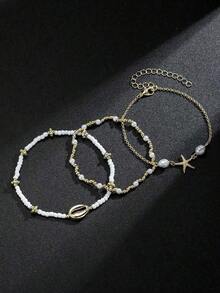 Bộ 3 vòng tay phong cách bãi biển mùa hè bằng kim loại hình sao biển và hạt thủy tinh dành cho nữ. - A - Xem 3