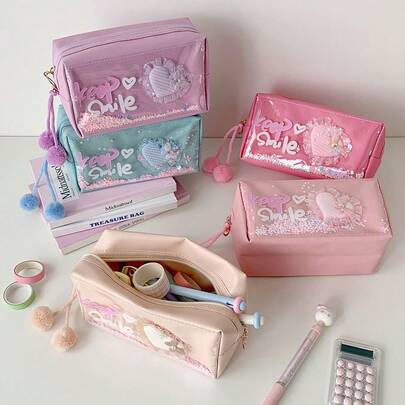 1pc Cute Heart Shaped High-Quality Glitter Pencil Case, Student Stationery Organizer Bag, Portable Cosmetic Pouch