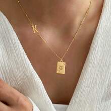1pc New Classic Initial Poker Pendant Golden Stainless Steel Bead Chain Necklaces For Women - Yellow Gold - View 1