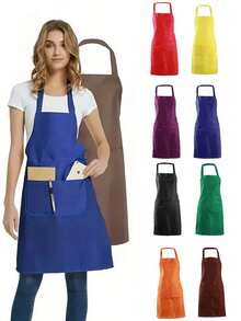 一件可调节厨房围裙，纯色带口袋，适合烹饪、厨师、服务员、烧烤和理发师使用。 - 彩色 - 查看 2