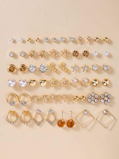 30件/套 时尚女士耳环，休闲日常佩戴 花朵、蝴蝶结、几何组合耳环套装