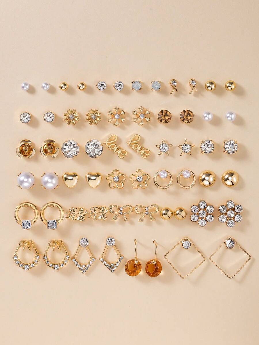 30件/套 时尚女士耳环，休闲日常佩戴 花朵、蝴蝶结、几何组合耳环套装 - 金黃色 - 查看 1