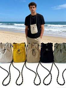 男士抽绳水桶斜挎包，尼龙迷你单肩包，编织肩带，休闲简约日常单肩包 - 彩色 - 查看 5