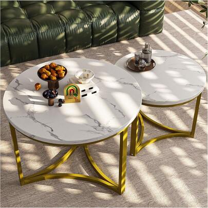 Mesa de Centro para Sala,Mesa de Centro Apilable Juego de 2 Mesas Auxiliares,Mesa de Centro Redonda,Mesas de Centro Abierta y Sencilla,Apto para Salón. (Grano Madera Mármol Blanco)