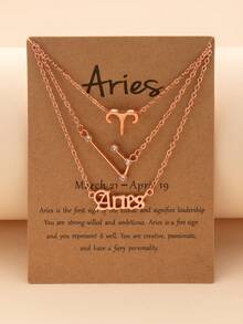 Juego de 3 piezas de collares con colgante de símbolo de letra de los 12 signos del zodíaco con diamantes, accesorios de moda diarios encantadores para mujeres, regalos de cumpleaños - Oro rosa - Ver 12