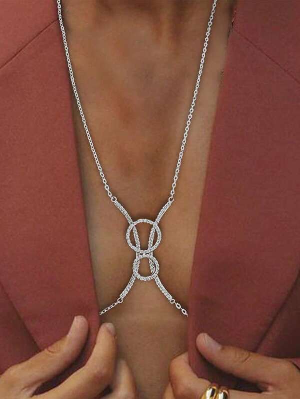 1 pieza Cadena de pecho circular plateada y sexy, accesorio de joyería corporal para bikini de playa de verano, para festivales de música