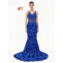 Vải ren đuôi cá đính sequin màu xanh hoàng gia, vải ren Pháp cao cấp của Nigeria, vải may váy cưới bóng bẩy, sang trọng. - A - Xem 2
