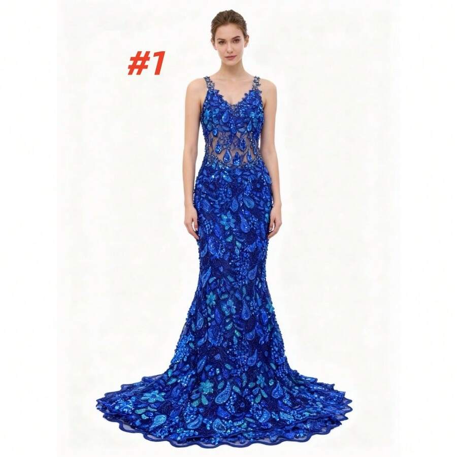Vải ren đuôi cá đính sequin màu xanh hoàng gia, vải ren Pháp cao cấp của Nigeria, vải may váy cưới bóng bẩy, sang trọng.