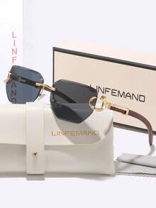 LINFEMAND 女士优雅渐变无框太阳镜，豹纹金属装饰，仿木纹镜腿，通勤旅行百搭时尚太阳镜，节日礼物 - 彩色 - 查看 14