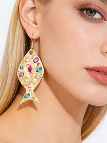 一对金色纹理鱼形耳环 | 海洋灵感 | 优雅个性饰品 - 彩色的 - 查看 9