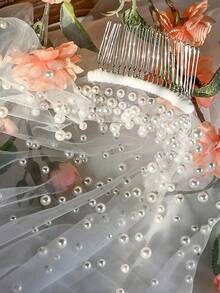 1pc Single Layer Tulle Long Bridal Veil With Pearls, 3 Meters Cathedral Length Wedding Veil For Women - Ivory - View 7