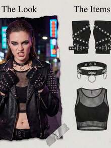 1 Pair Stylish Rope Criss-Rivet Fingerless Gloves, Punk Gothic Short Arm Warm Gloves, Outdoor Halloween Costume Accessory - Black 3 - View 4