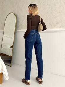 High Waist Knee Laser Ripped Boyfriend Mom Jeans, Solid Color Destroyed Asymmetric/Asymmetrical Pockets - Navy Blue - View 5