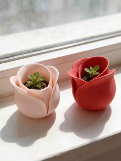 1-Piece Rose Pot, 3D Printed Rose Pot, Plastic Material, Red/Pink Petal Pot, Planting Pot, Succulent Plant Decorative Bonsai Ornament, Suitable For Retro Desk And Balcony Decoration, Daily Gardening, All-Season Succulent Pot, Gentle Decorative Gift For Mother's Day, Birthday, Wedding, Valentine's Day, Couple's Desktop Decoration, Spring And Summer Balcony Decoration, Daily Home Decoration, Holiday Gift.