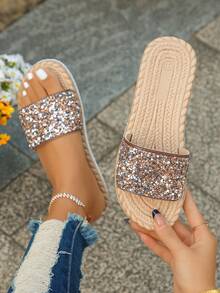 1 Pair Rhinestone Faux Rope Sole Low Heel Women Flat Sandals, Coffee Brown Pattern Random Design, Holiday Essential, Women Summer Sandals - Coffee Brown - View 3